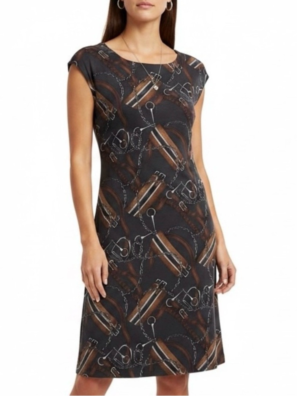 Lauren Ralph Lauren Brown&Black Cap-Sleeve Silk Dress Sz MP | EUC